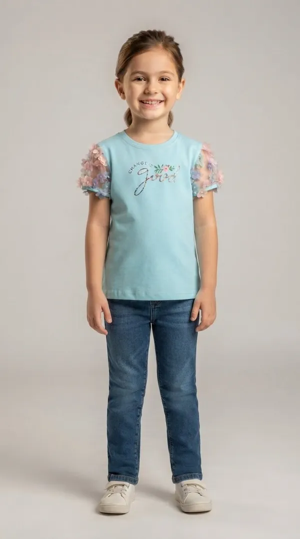 Aqua_Floral_Sleeve_T-Shirt_for_Girls
