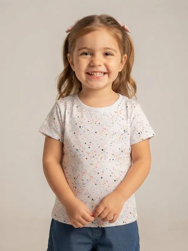 White_Printed_T-Shirt_And_Blue_Shorts_Set_for_Girls