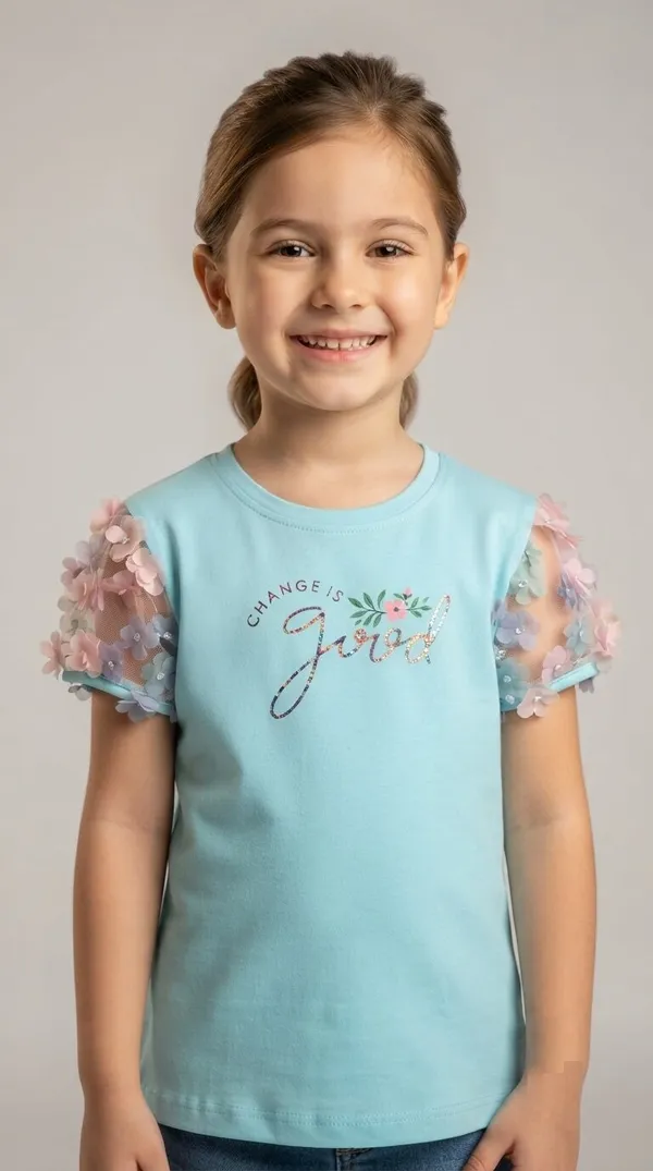 Aqua_Floral_Sleeve_T-Shirt_for_Girls