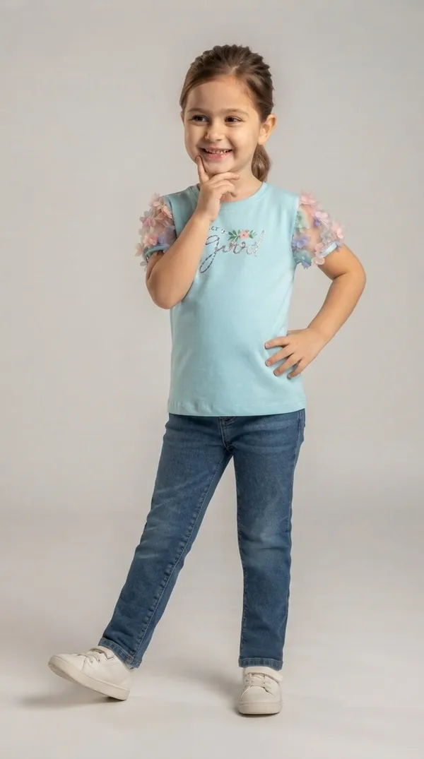 Aqua_Floral_Sleeve_T-Shirt_for_Girls