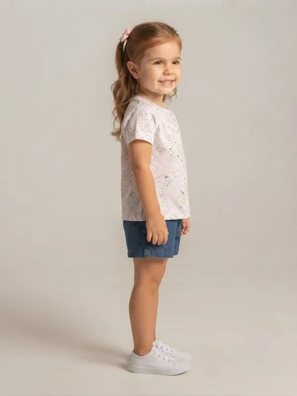 White_Printed_T-Shirt_And_Blue_Shorts_Set_for_Girls