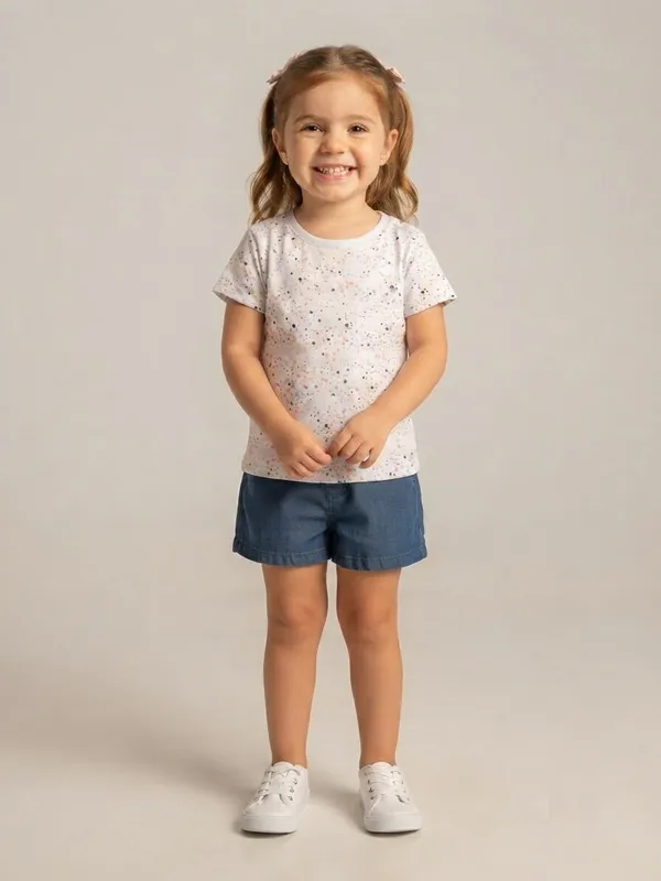 White_Printed_T-Shirt_And_Blue_Shorts_Set_for_Girls