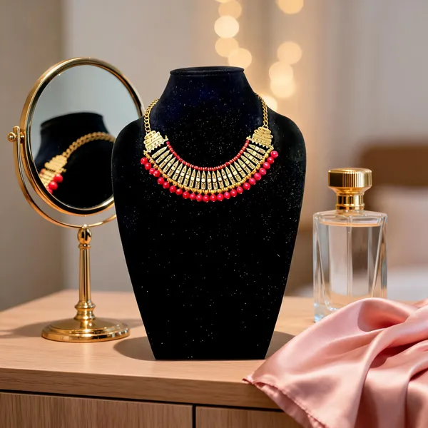 Gold_Brass_Glass_Red_Bead_Ornamental_Statement_Necklace_For_Women