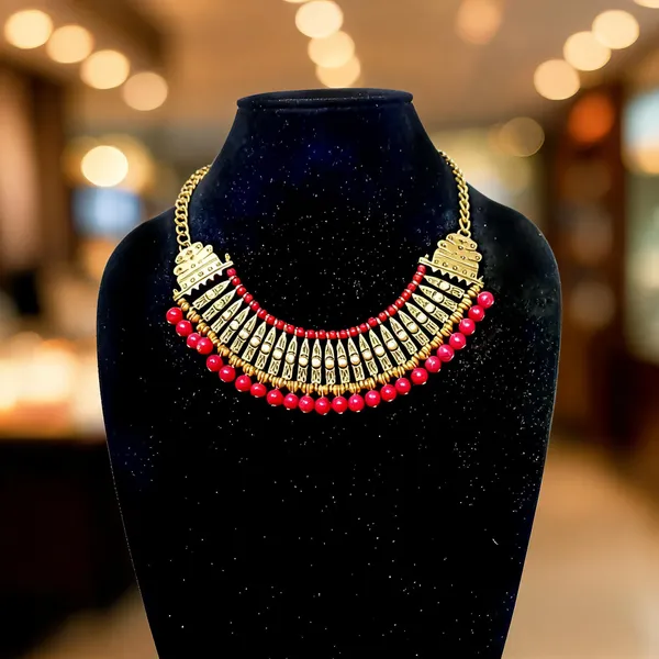 Gold_Brass_Glass_Red_Bead_Ornamental_Statement_Necklace_For_Women