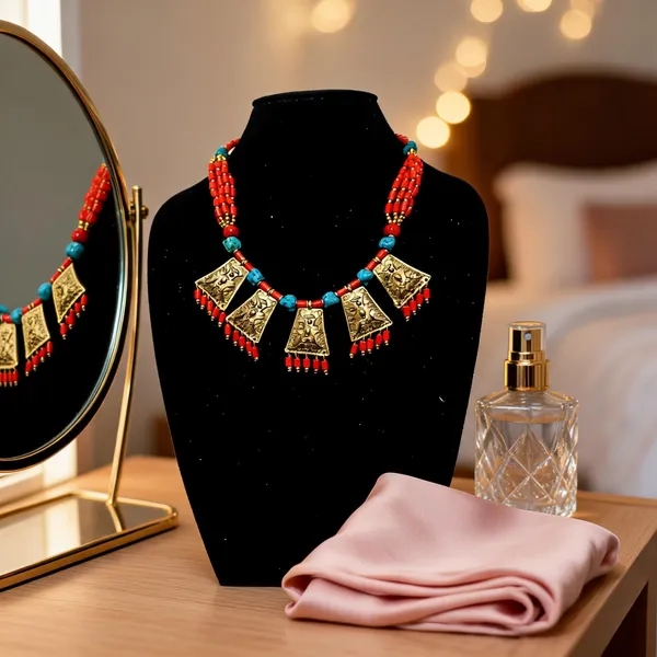 Red_Glass_Brass_Multi_Strand_Tribal_Pendant_Necklace_For_Women
