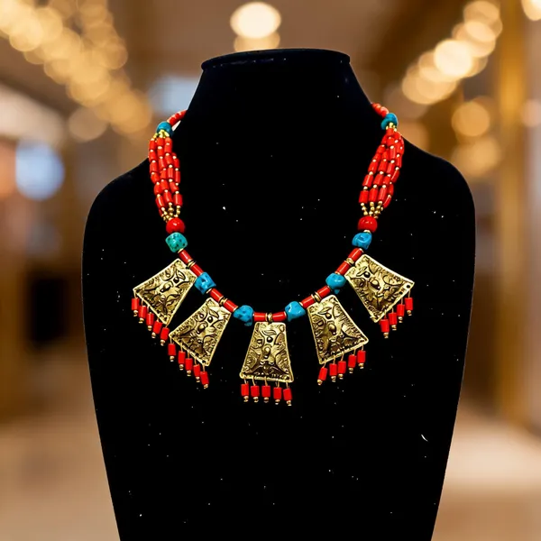 Red_Glass_Brass_Multi_Strand_Tribal_Pendant_Necklace_For_Women