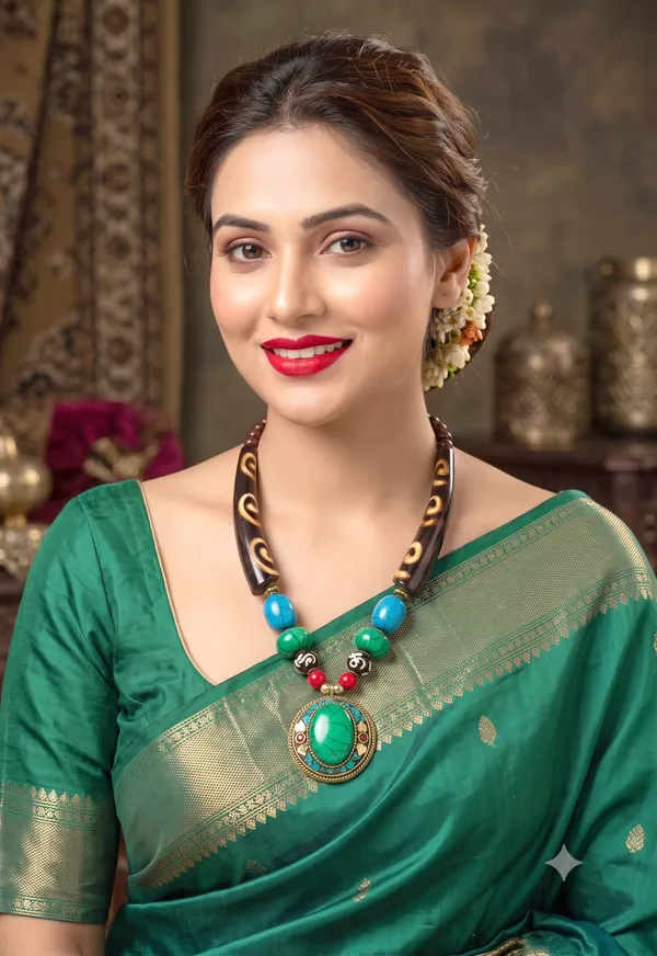 Black_Beaded_Statement_Necklace_With_Green_Pendant