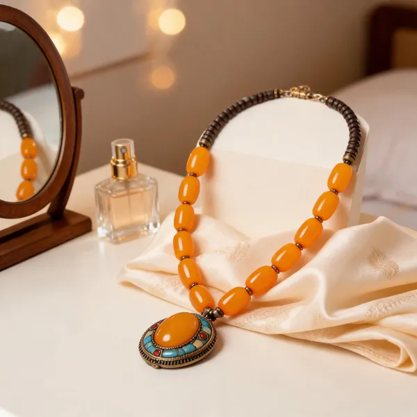 Orange_Resin_Stone_Metal_Beaded_Pendant_Necklace_Set_For_Women
