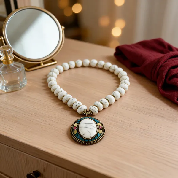 White_Resin_Beaded_Pendant_Necklace_For_Women