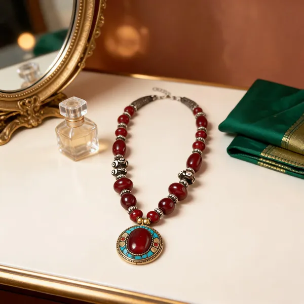 Maroon_Resin_Stone_Metal_Layered_Beaded_Statement_Necklace_For_Women