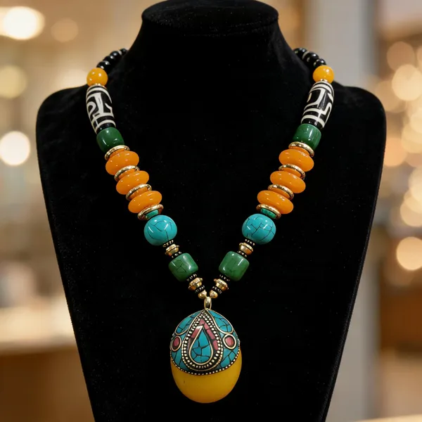 Multicolour_Resin_Beaded_Teardrop_Pendant_Necklace_For_Women