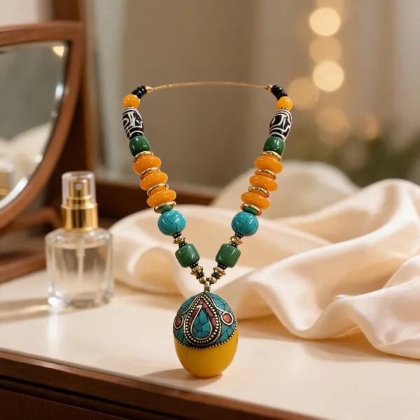 Multicolour_Resin_Beaded_Teardrop_Pendant_Necklace_For_Women