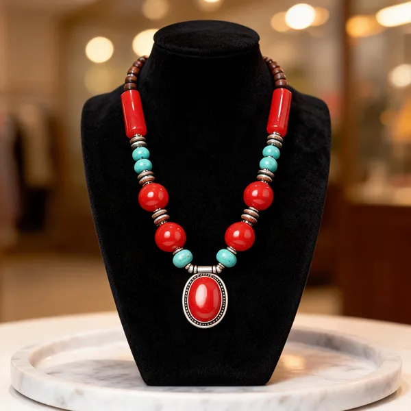 Red_Resin_Stone_Beaded_Pendant_Necklace_For_Women