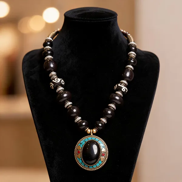 Black_Resin_Stone_Metal_Beaded_Statement_Necklace_For_Women