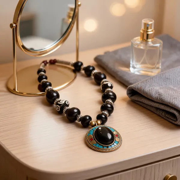 Black_Resin_Stone_Metal_Beaded_Statement_Necklace_For_Women