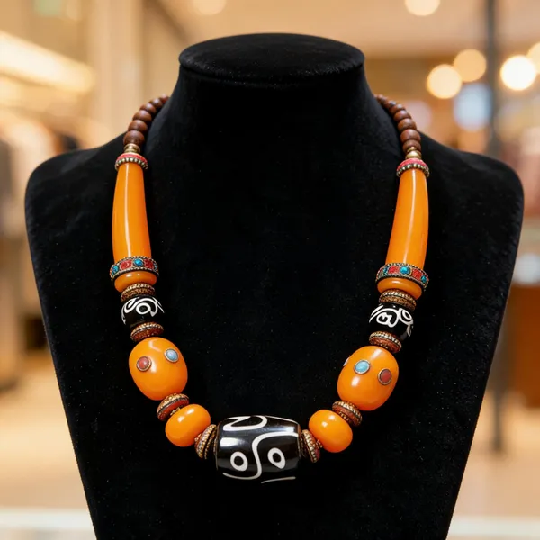 Orange_Resin_Wood_Beaded_Statement_Necklace_For_Women