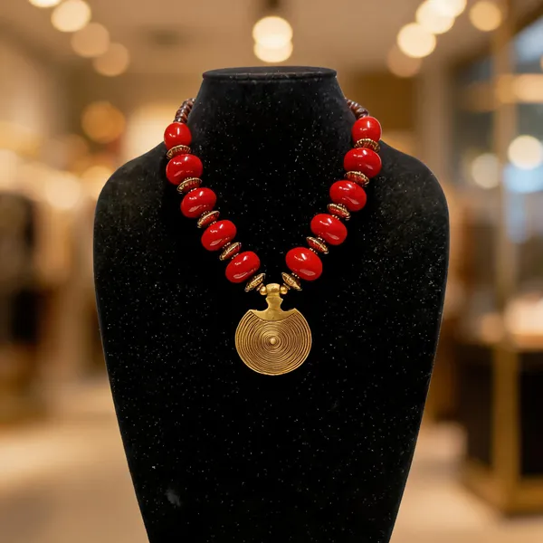 Red_Beaded_Gold_Tone_Pendant_Necklace_For_Women