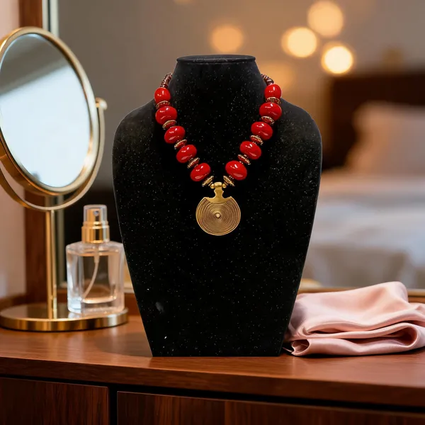 Red_Beaded_Gold_Tone_Pendant_Necklace_For_Women
