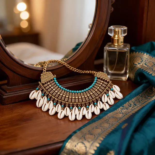 Gold_Brass_Cowrie_Shell_Layered_Necklace_Set_For_Women