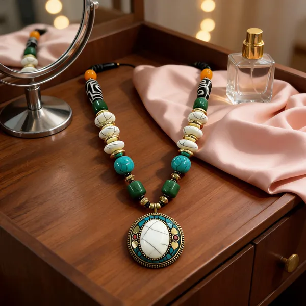 Multicolour_Resin_Beaded_Oval_Pendant_Necklace_For_Women
