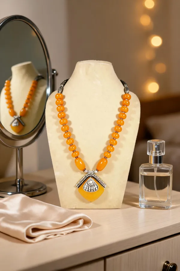 Orange_Resin_Stone_Metal_Long_Beaded_Statement_Necklace_For_Women