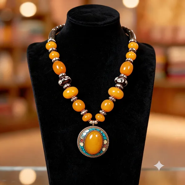 Orange_Resin_Stone_Metal_Layered_Beaded_Statement_Necklace_For_Women