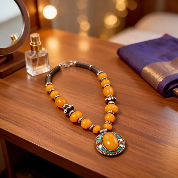 Orange_Resin_Stone_Metal_Layered_Beaded_Statement_Necklace_For_Women