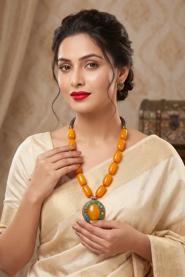 Orange_Beaded_Pendant_Necklace_Set_For_Women