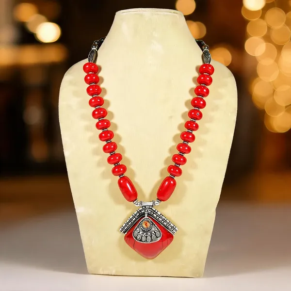 Red_Resin_Stone_Metal_Beaded_Statement_Necklace_For_Women