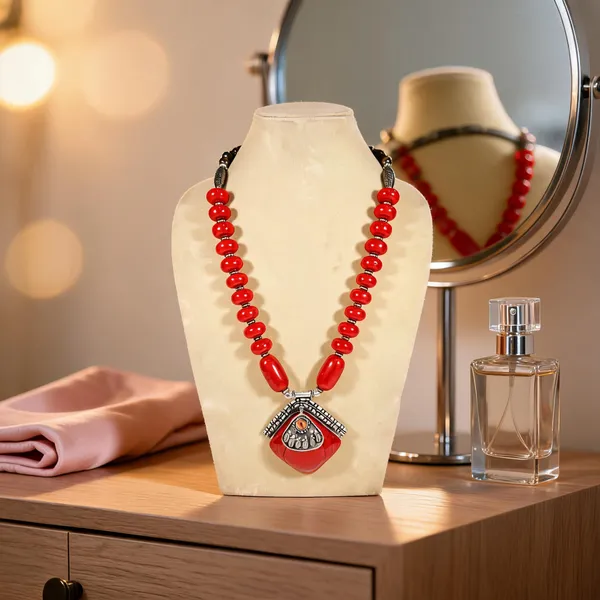 Red_Resin_Stone_Metal_Beaded_Statement_Necklace_For_Women