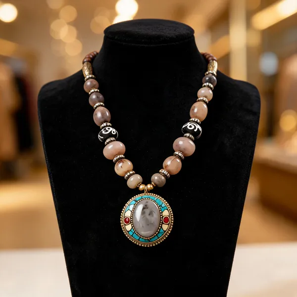Multicolour_Resin_Stone_Metal_Beaded_Pendant_Necklace_For_Women