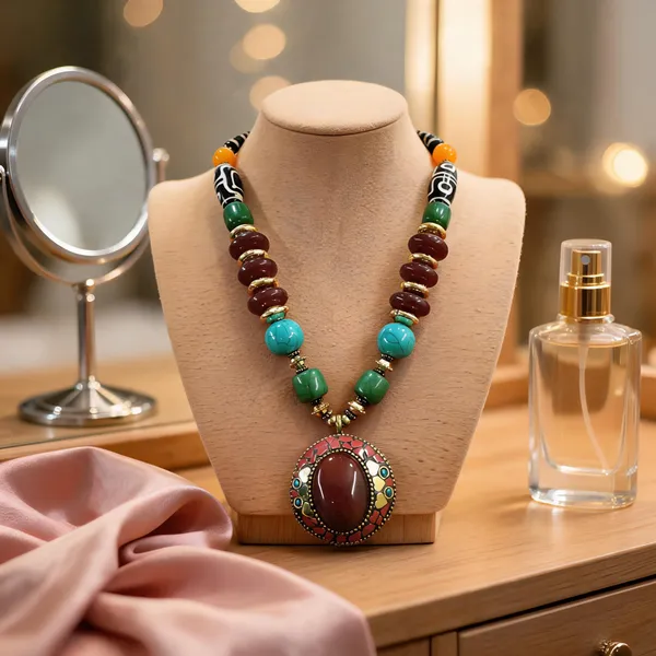 Multicolour_Resin_Multi-Strand_Beaded_Oval_Pendant_Necklace_For_Women