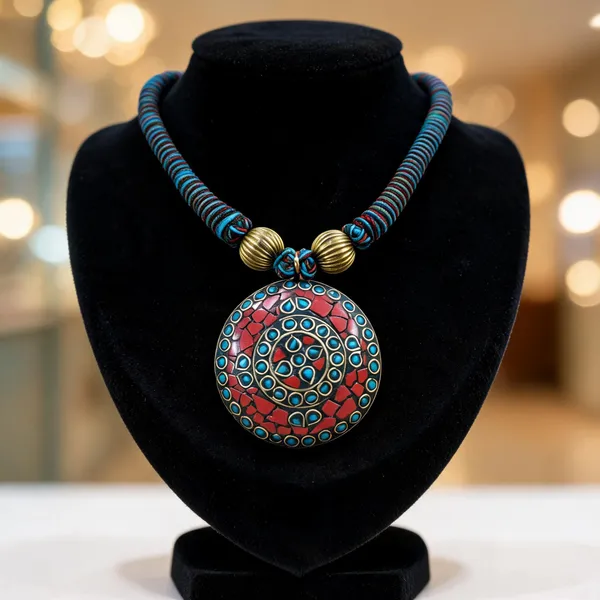 Multicolour_Beaded_Round_Pendant_Statement_Necklace_For_Women