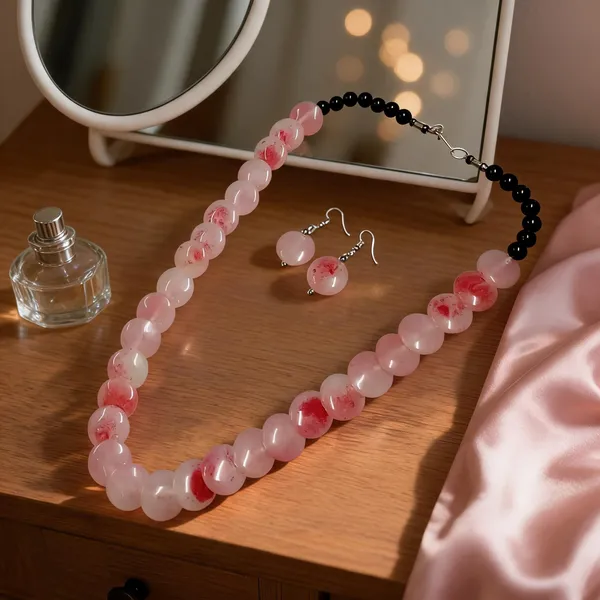 Pink_And_Black_Resin_Beaded_Necklace_And_Earrings_Set_For_Women