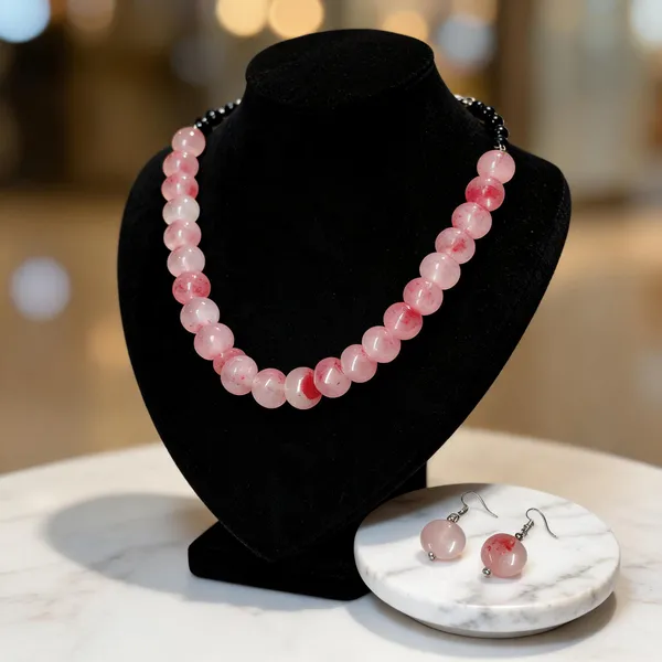 Pink_And_Black_Resin_Beaded_Necklace_And_Earrings_Set_For_Women