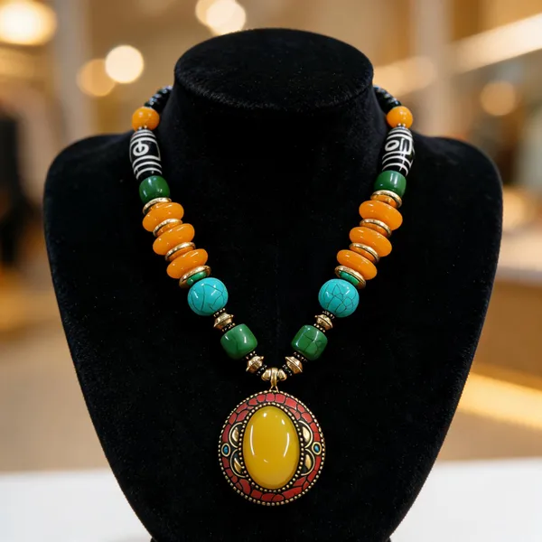 Multicolour_Resin_Beaded_Oval_Pendant_Statement_Necklace_For_Women