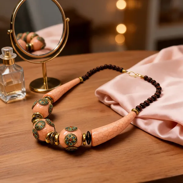 Peach_Resin_Wood_Beaded_Statement_Necklace_For_Women