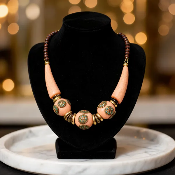 Peach_Resin_Wood_Beaded_Statement_Necklace_For_Women