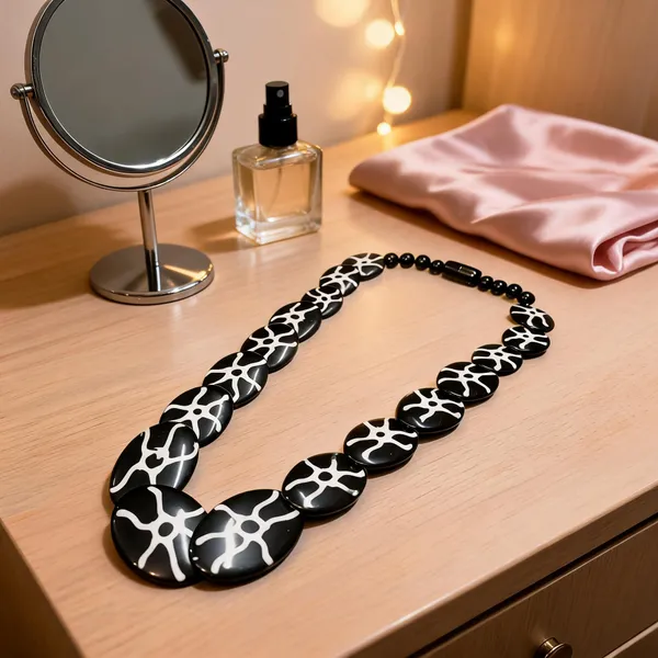 Black_Resin_Abstract_Print_Beaded_Statement_Necklace_For_Women