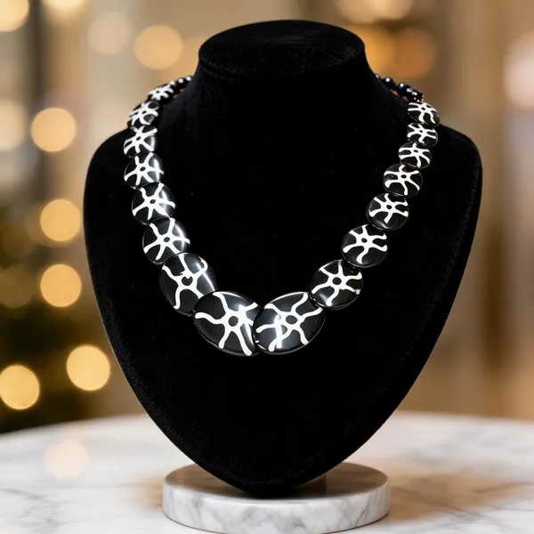 Black_Resin_Abstract_Print_Beaded_Statement_Necklace_For_Women