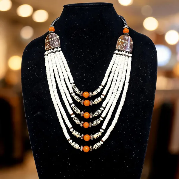 White_Wood_Resin_Beaded_Multi-Layer_Statement_Necklace_For_Women