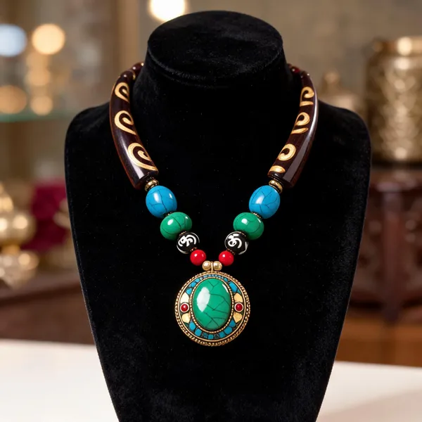 Black_Beaded_Statement_Necklace_With_Green_Pendant