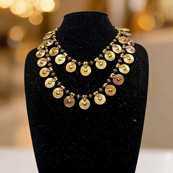 Gold_Tone_Brass_Glass_Beaded_Layered_Coin_Necklace_For_Women