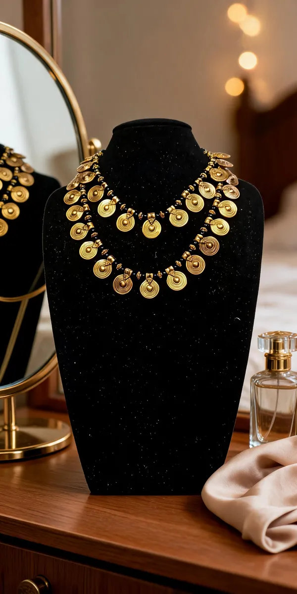 Gold_Tone_Brass_Glass_Beaded_Layered_Coin_Necklace_For_Women