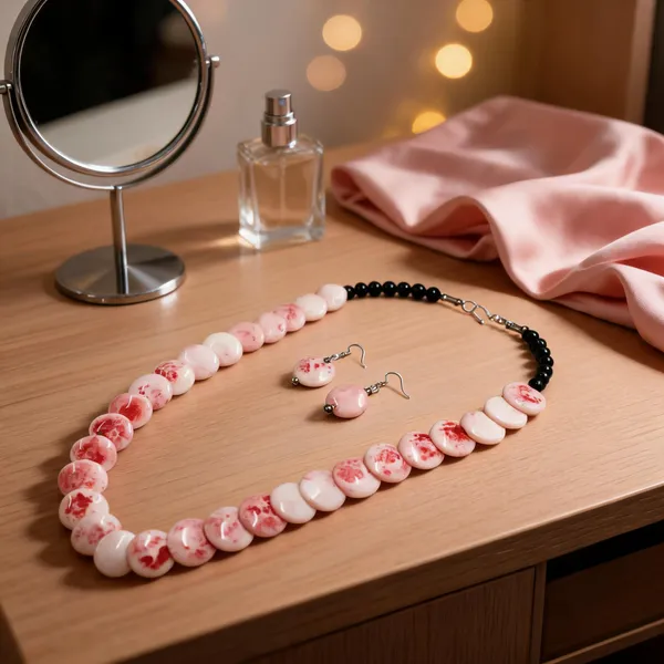 Pink_Resin_Marbled_Beaded_Necklace_And_Earrings_Set_For_Women
