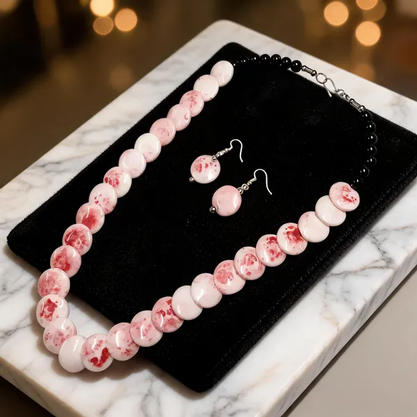 Pink_Resin_Marbled_Beaded_Necklace_And_Earrings_Set_For_Women