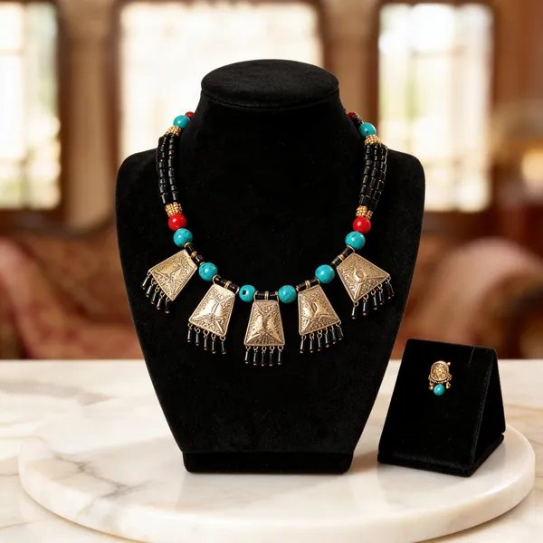 Gold_Black_Turquoise_Glass_Brass_Beaded_Necklace_Set_For_Women