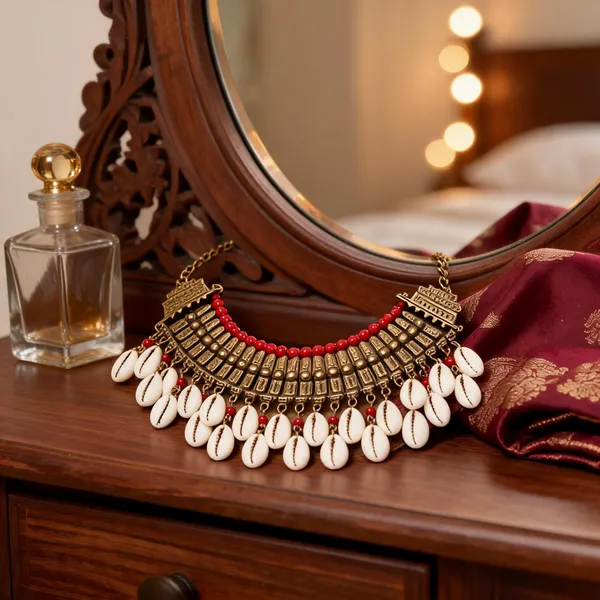 Gold_Brass_Cowrie_Shell_Red_Bead_Statement_Necklace_For_Women