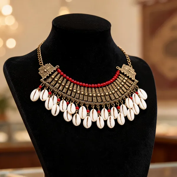 Gold_Brass_Cowrie_Shell_Red_Bead_Statement_Necklace_For_Women