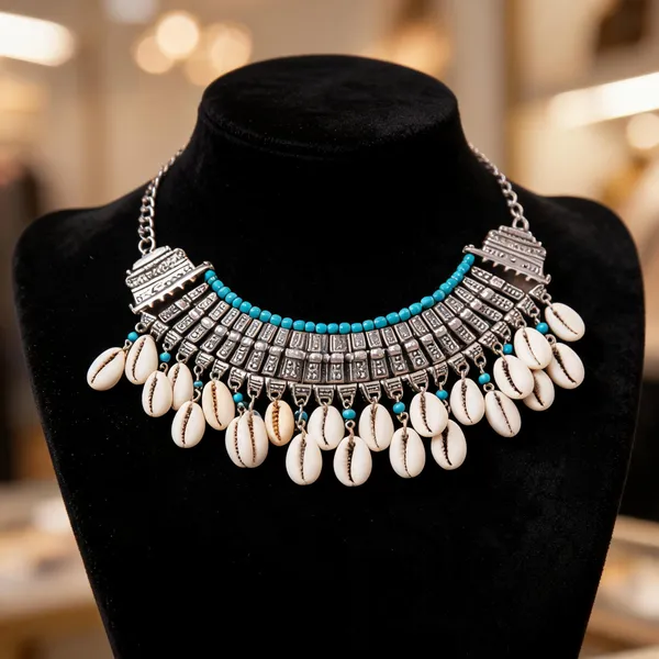 Silver_Metal_Cowrie_Shell_Turquoise_Bead_Statement_Necklace_For_Women